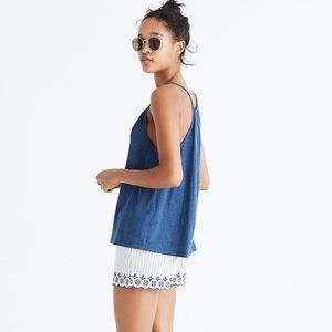 Madewell Shirred Split-Neck Tank Top, Blue, XS